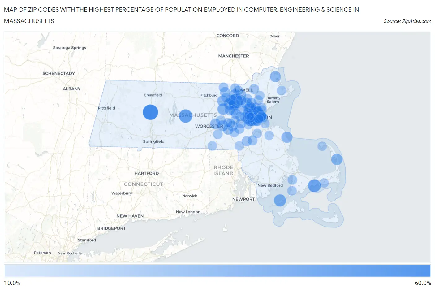 Zip Codes with the Highest Percentage of Population Employed in Computer, Engineering & Science in Massachusetts Map