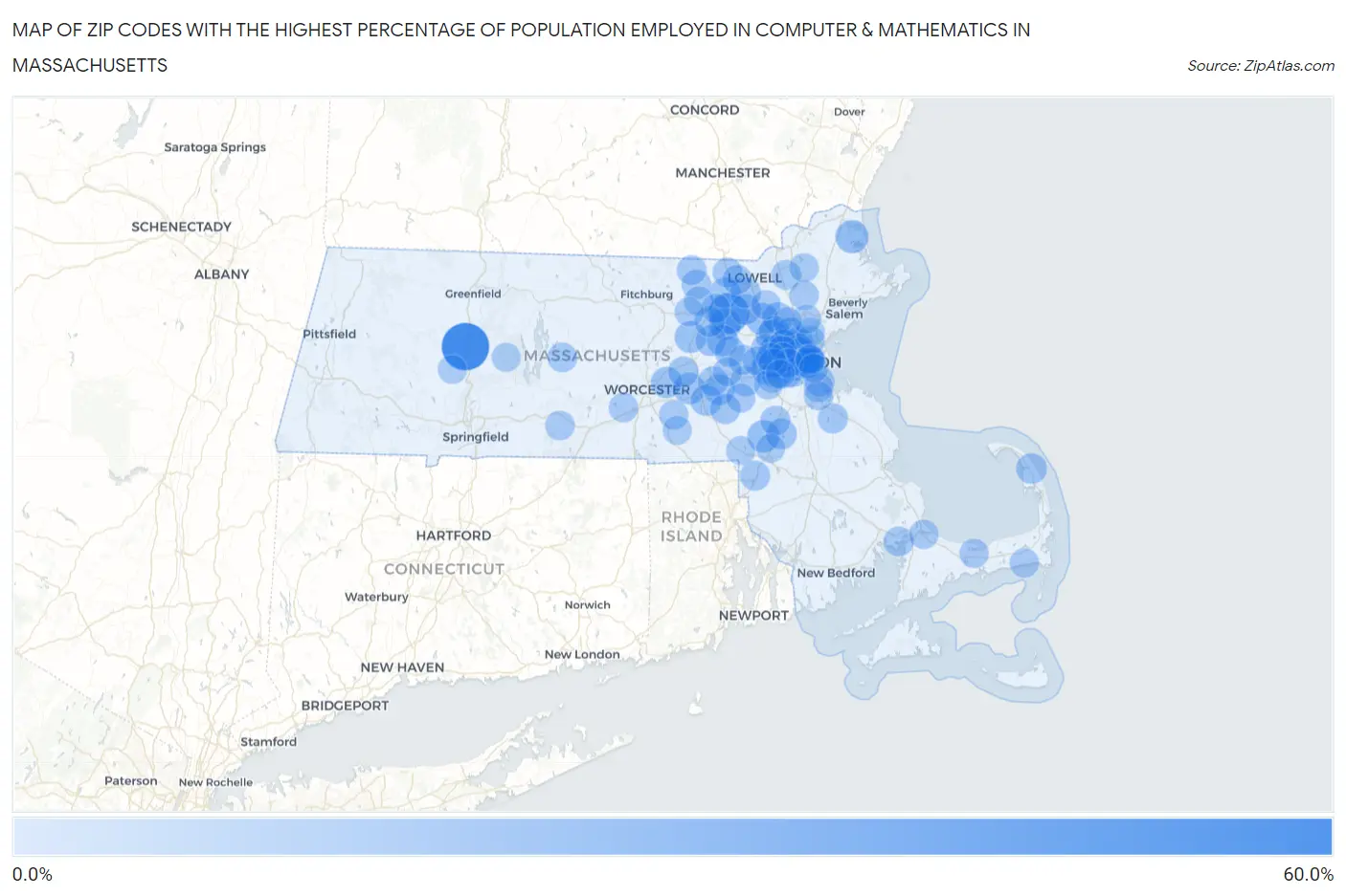 Zip Codes with the Highest Percentage of Population Employed in Computer & Mathematics in Massachusetts Map