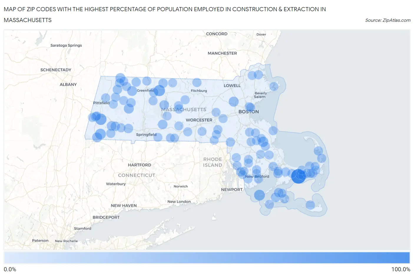 Zip Codes with the Highest Percentage of Population Employed in Construction & Extraction in Massachusetts Map