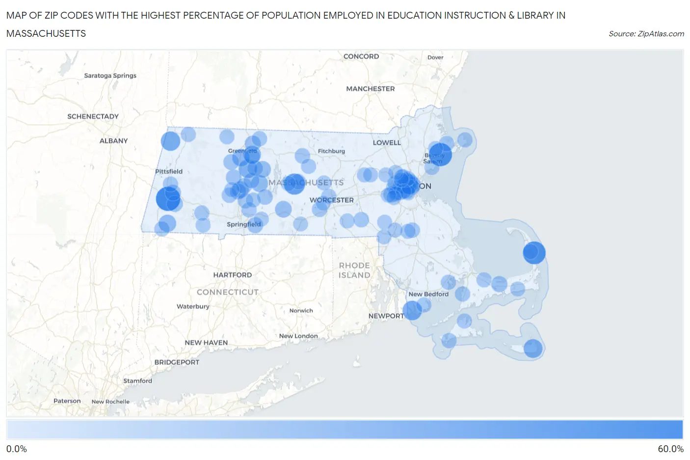 Zip Codes with the Highest Percentage of Population Employed in Education Instruction & Library in Massachusetts Map