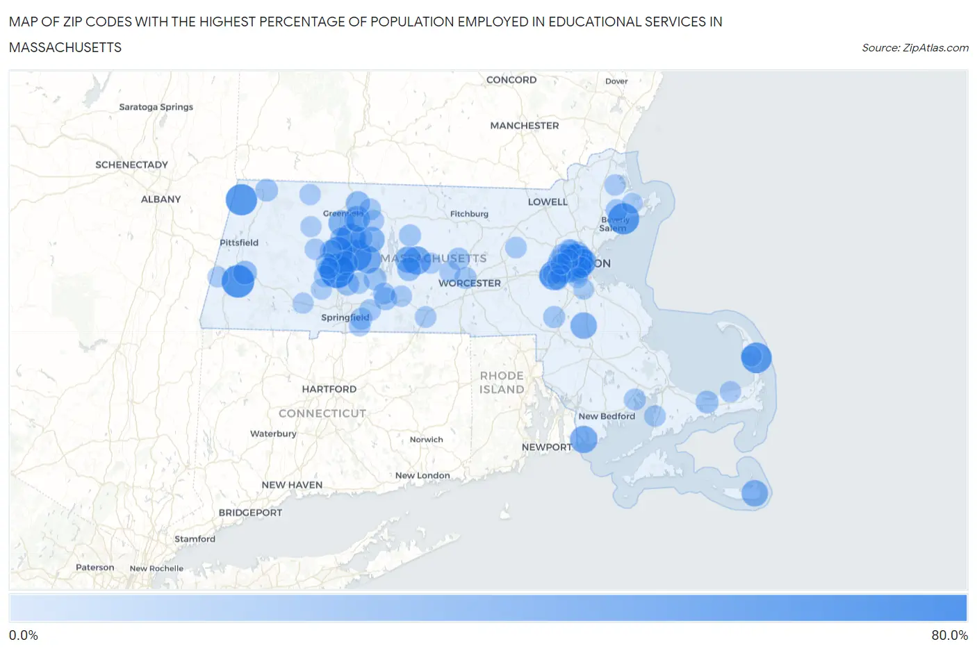 Zip Codes with the Highest Percentage of Population Employed in Educational Services in Massachusetts Map