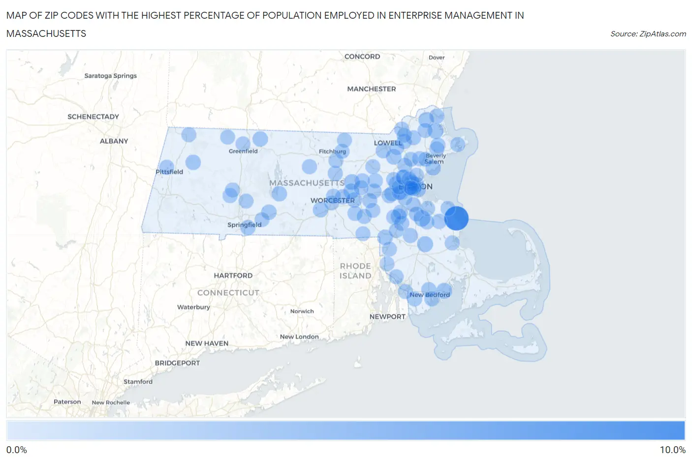 Zip Codes with the Highest Percentage of Population Employed in Enterprise Management in Massachusetts Map