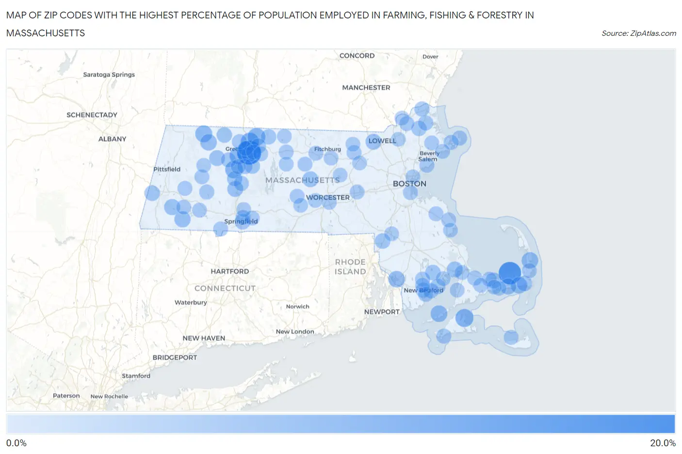Zip Codes with the Highest Percentage of Population Employed in Farming, Fishing & Forestry in Massachusetts Map
