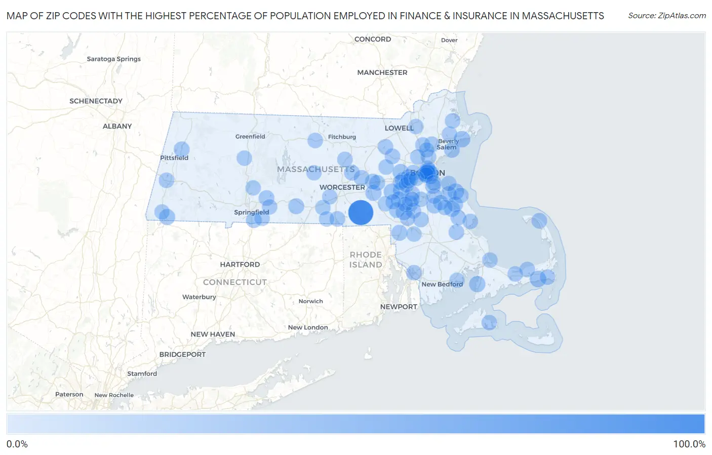 Zip Codes with the Highest Percentage of Population Employed in Finance & Insurance in Massachusetts Map