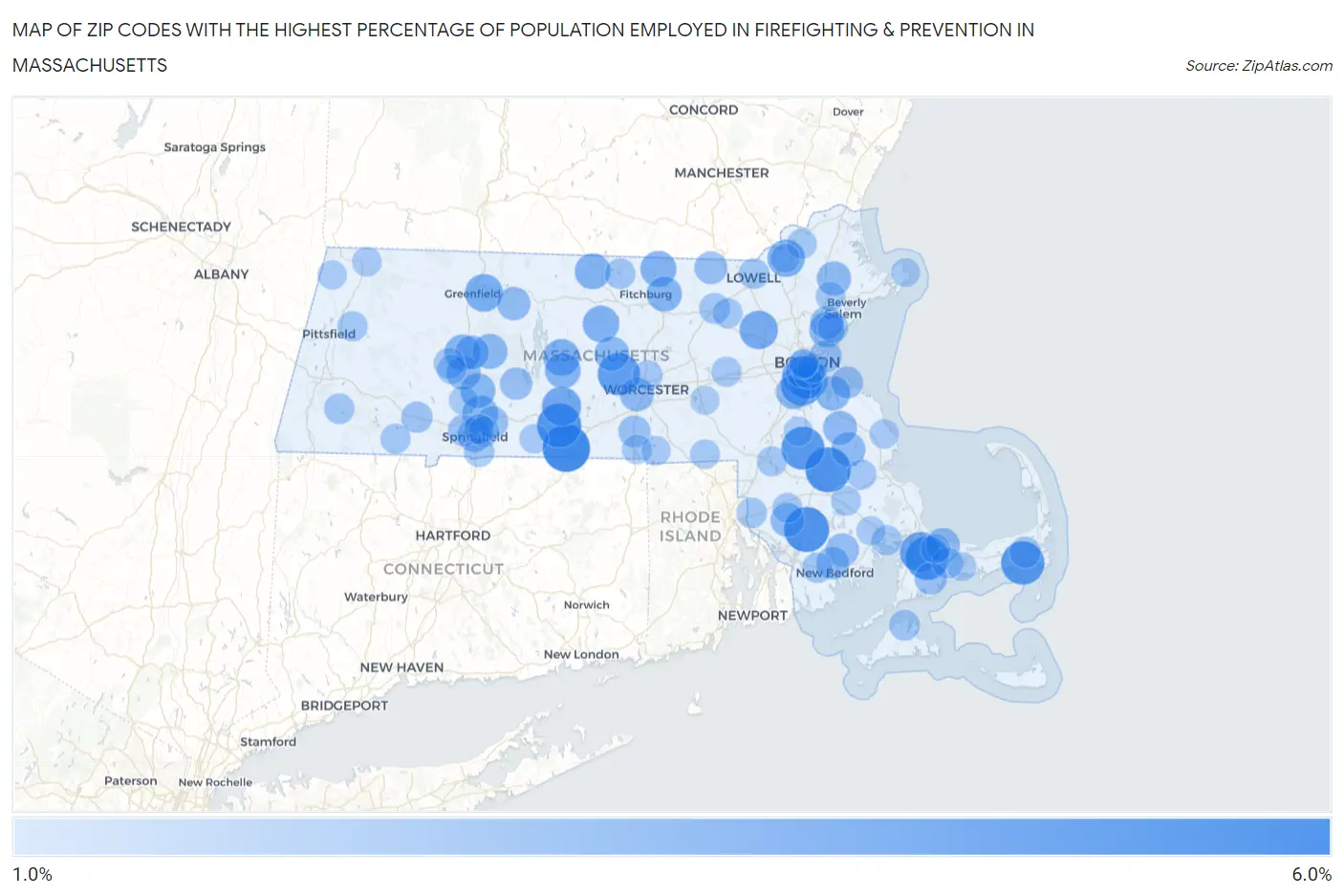 Zip Codes with the Highest Percentage of Population Employed in Firefighting & Prevention in Massachusetts Map