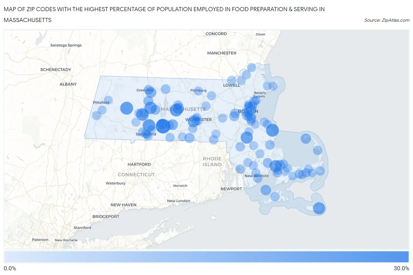 Zip Codes with the Highest Percentage of Population Employed in Food Preparation & Serving in Massachusetts Map