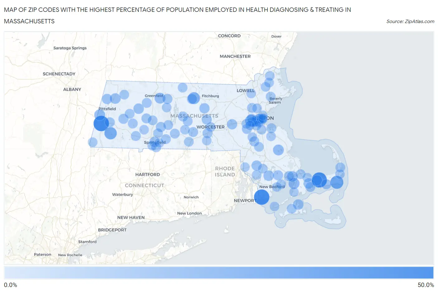 Zip Codes with the Highest Percentage of Population Employed in Health Diagnosing & Treating in Massachusetts Map
