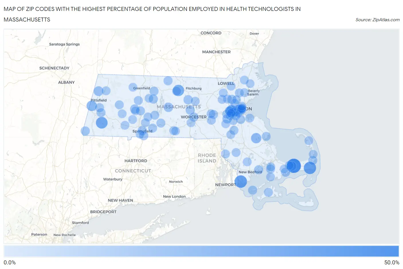 Zip Codes with the Highest Percentage of Population Employed in Health Technologists in Massachusetts Map