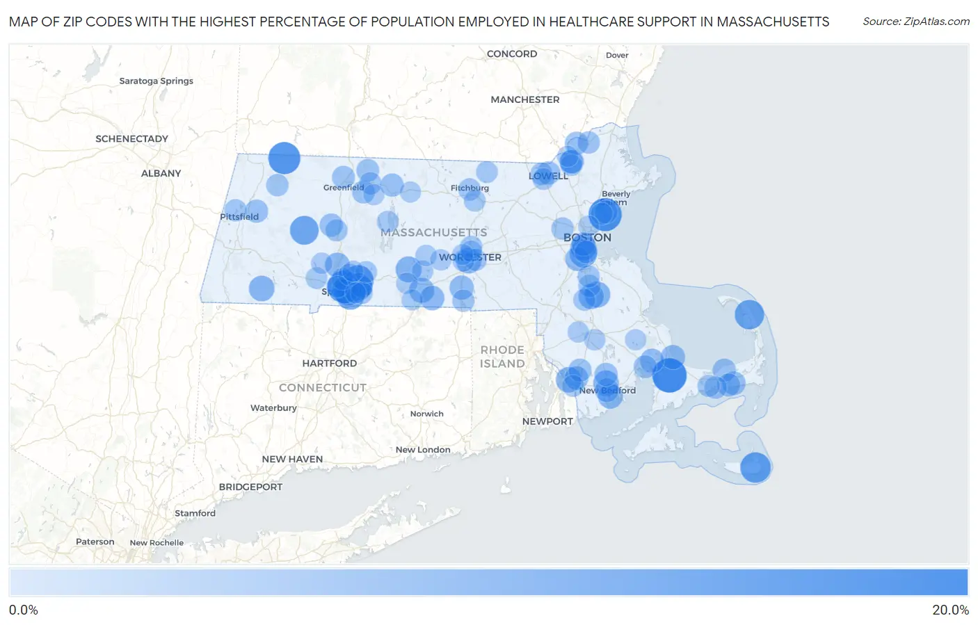 Zip Codes with the Highest Percentage of Population Employed in Healthcare Support in Massachusetts Map