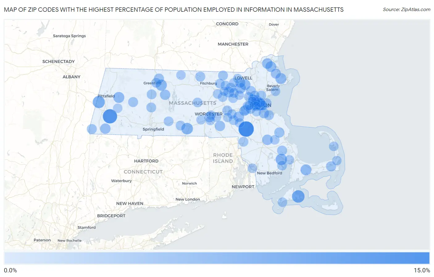 Zip Codes with the Highest Percentage of Population Employed in Information in Massachusetts Map