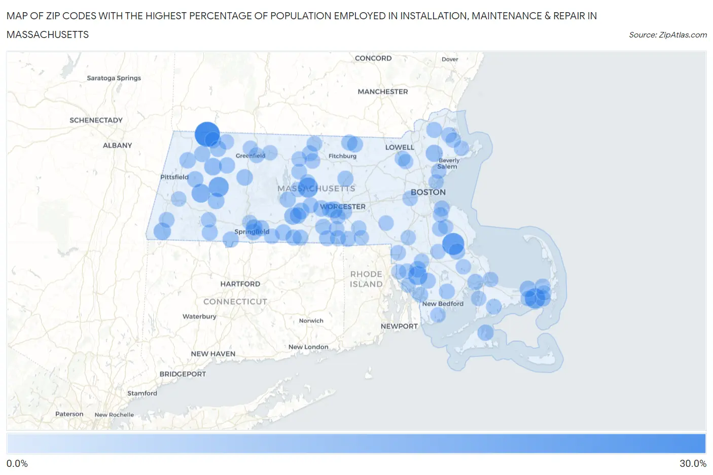 Zip Codes with the Highest Percentage of Population Employed in Installation, Maintenance & Repair in Massachusetts Map
