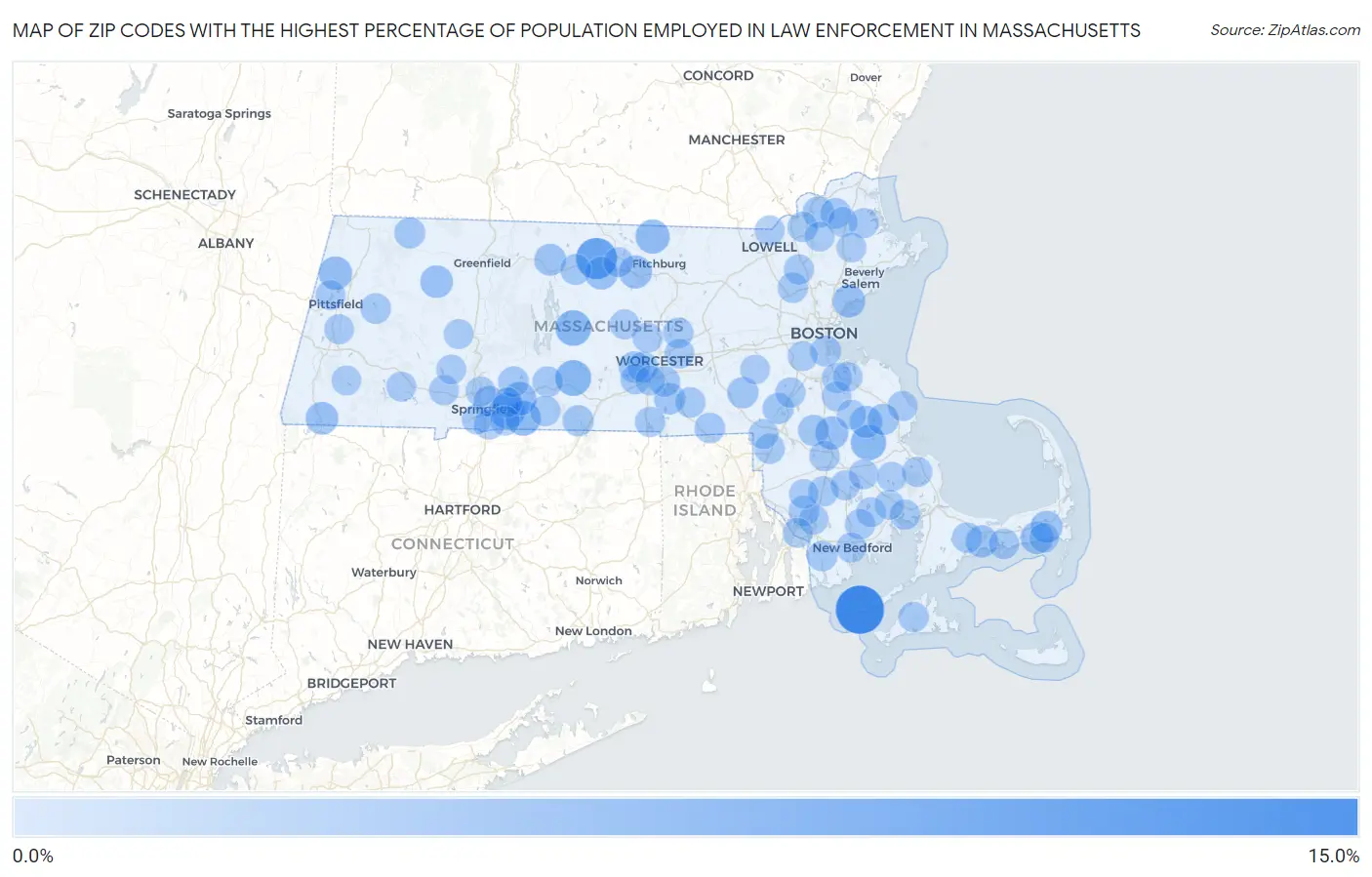 Zip Codes with the Highest Percentage of Population Employed in Law Enforcement in Massachusetts Map
