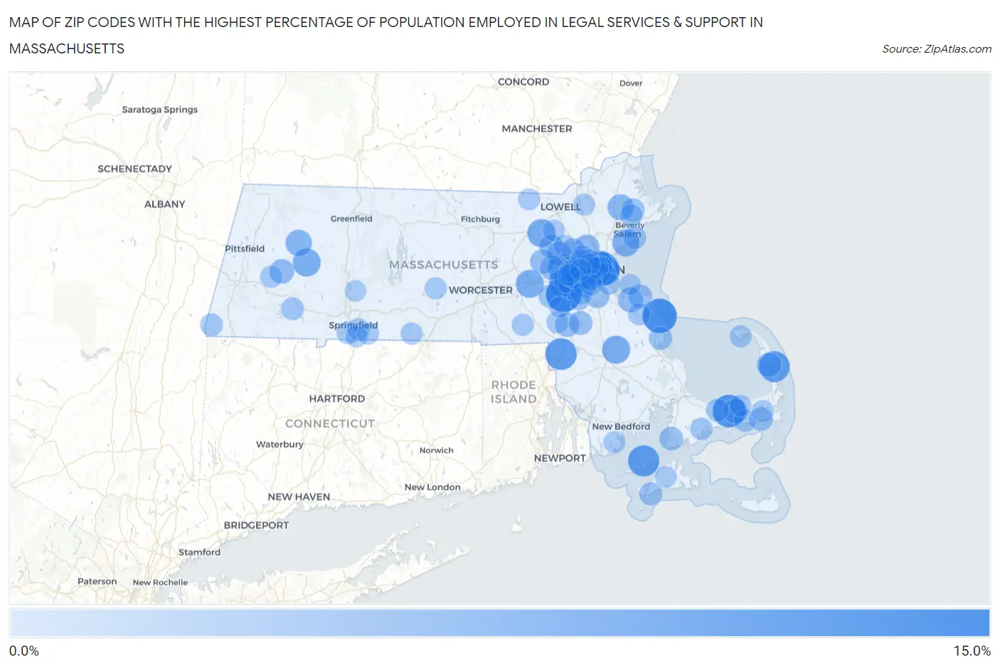 Zip Codes with the Highest Percentage of Population Employed in Legal Services & Support in Massachusetts Map