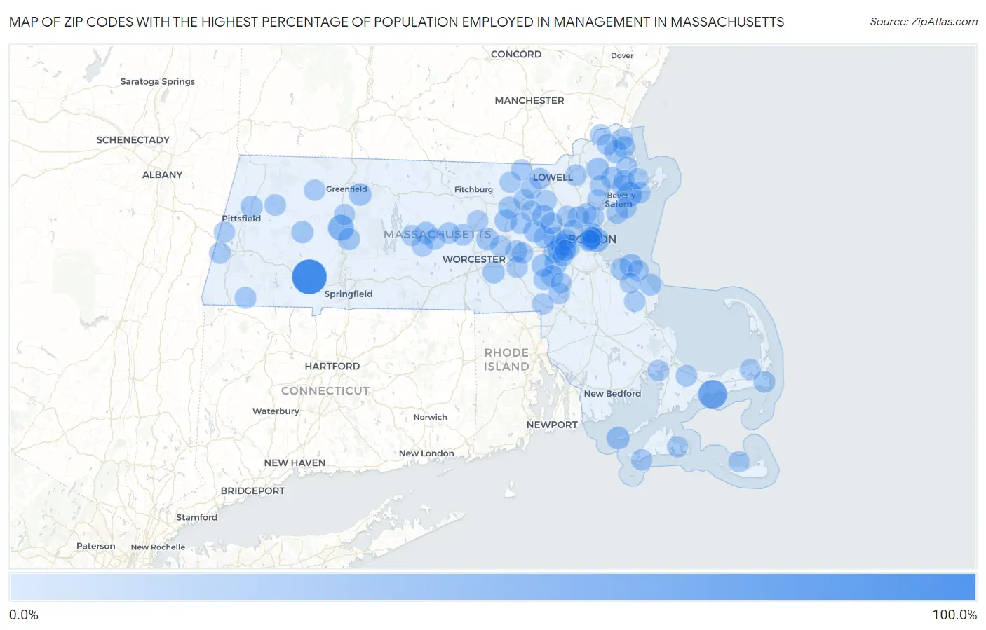 Zip Codes with the Highest Percentage of Population Employed in Management in Massachusetts Map
