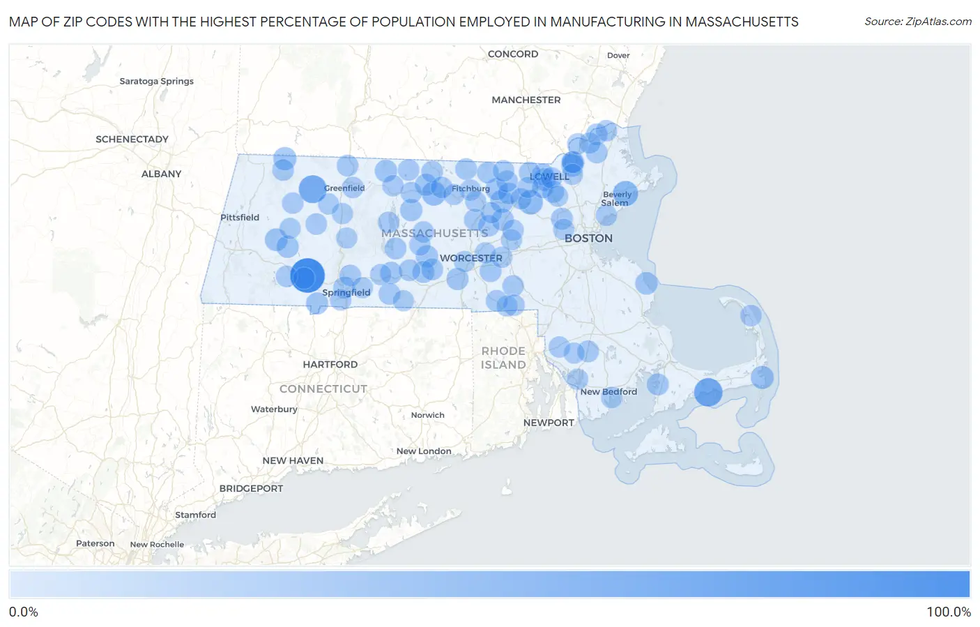 Zip Codes with the Highest Percentage of Population Employed in Manufacturing in Massachusetts Map