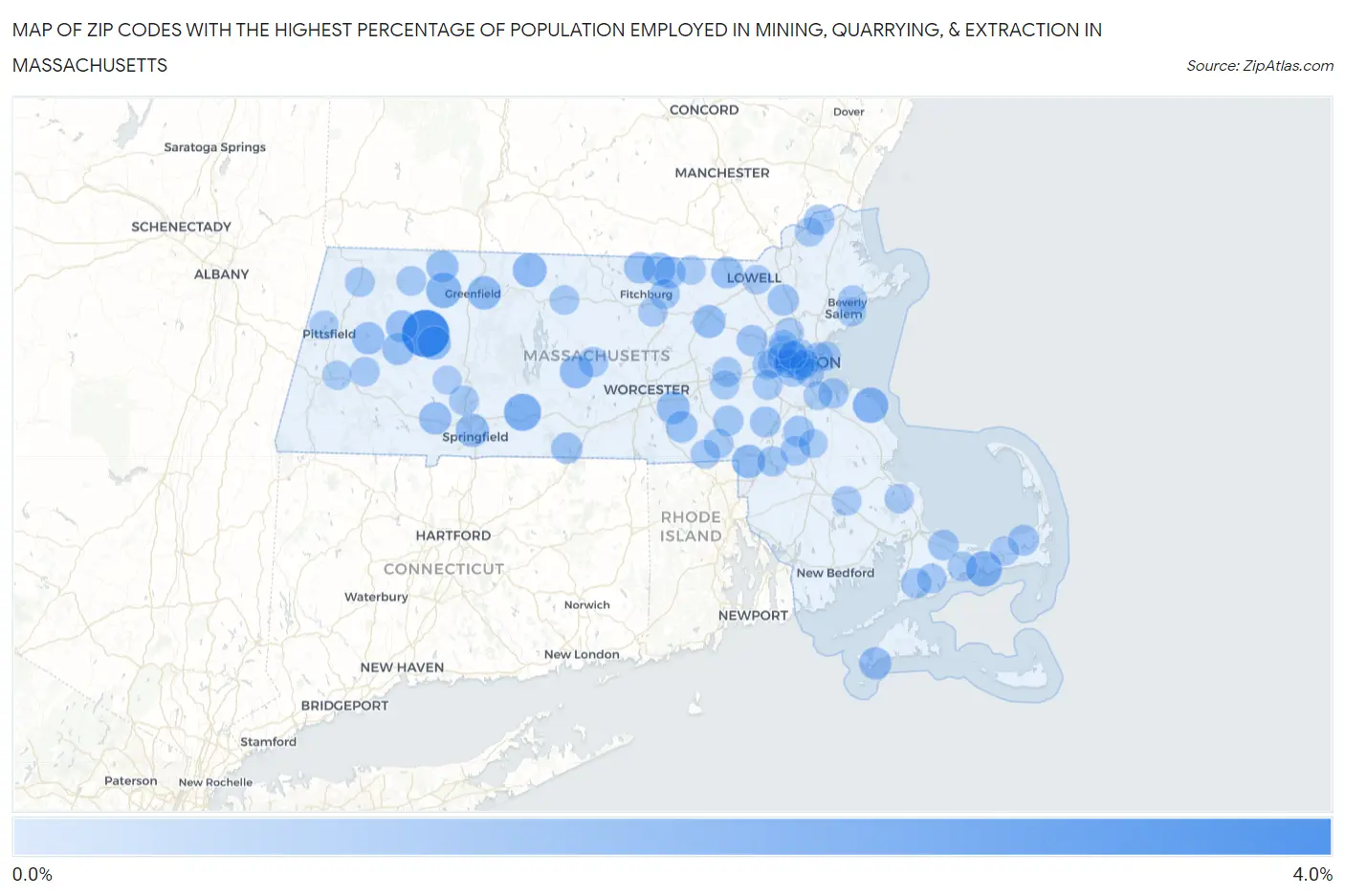 Zip Codes with the Highest Percentage of Population Employed in Mining, Quarrying, & Extraction in Massachusetts Map