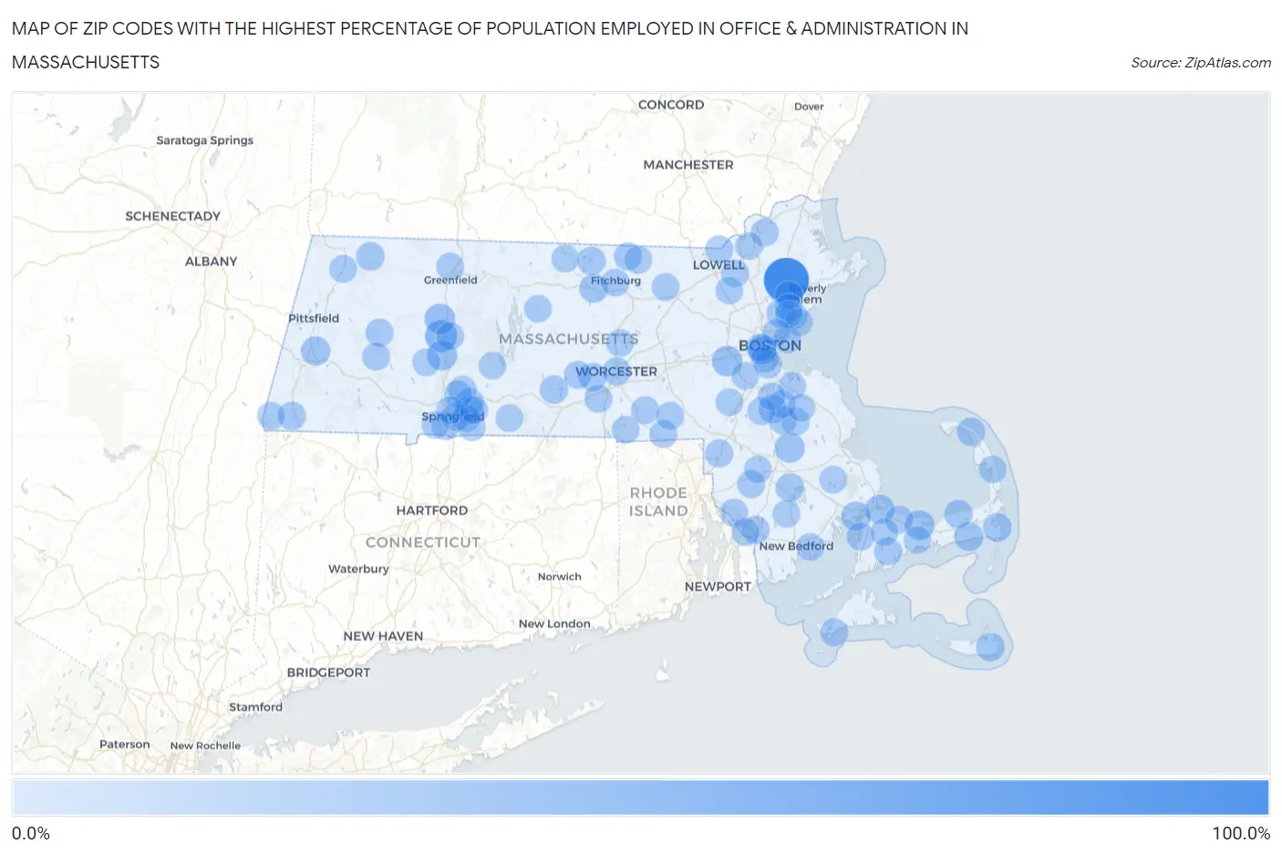 Zip Codes with the Highest Percentage of Population Employed in Office & Administration in Massachusetts Map