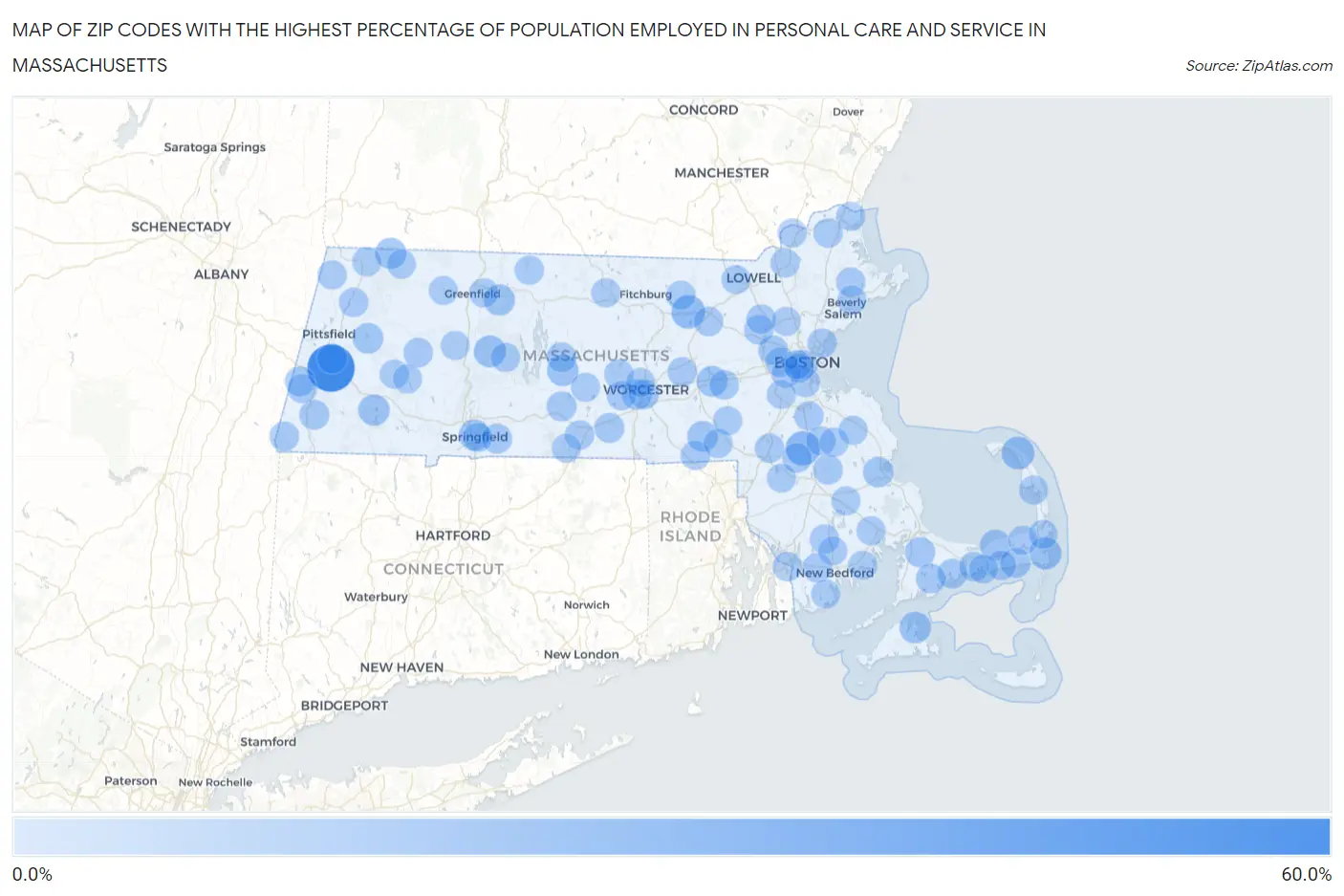 Zip Codes with the Highest Percentage of Population Employed in Personal Care and Service in Massachusetts Map