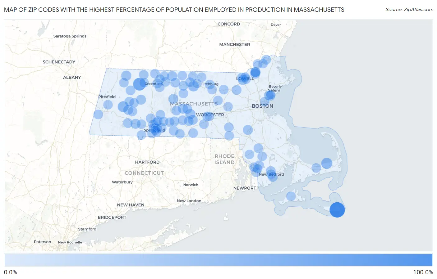 Zip Codes with the Highest Percentage of Population Employed in Production in Massachusetts Map