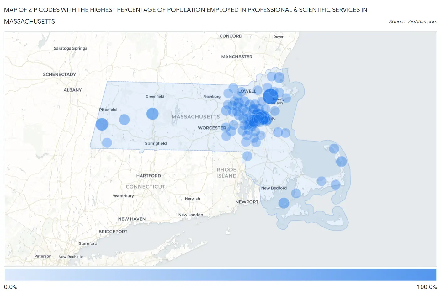 Zip Codes with the Highest Percentage of Population Employed in Professional & Scientific Services in Massachusetts Map