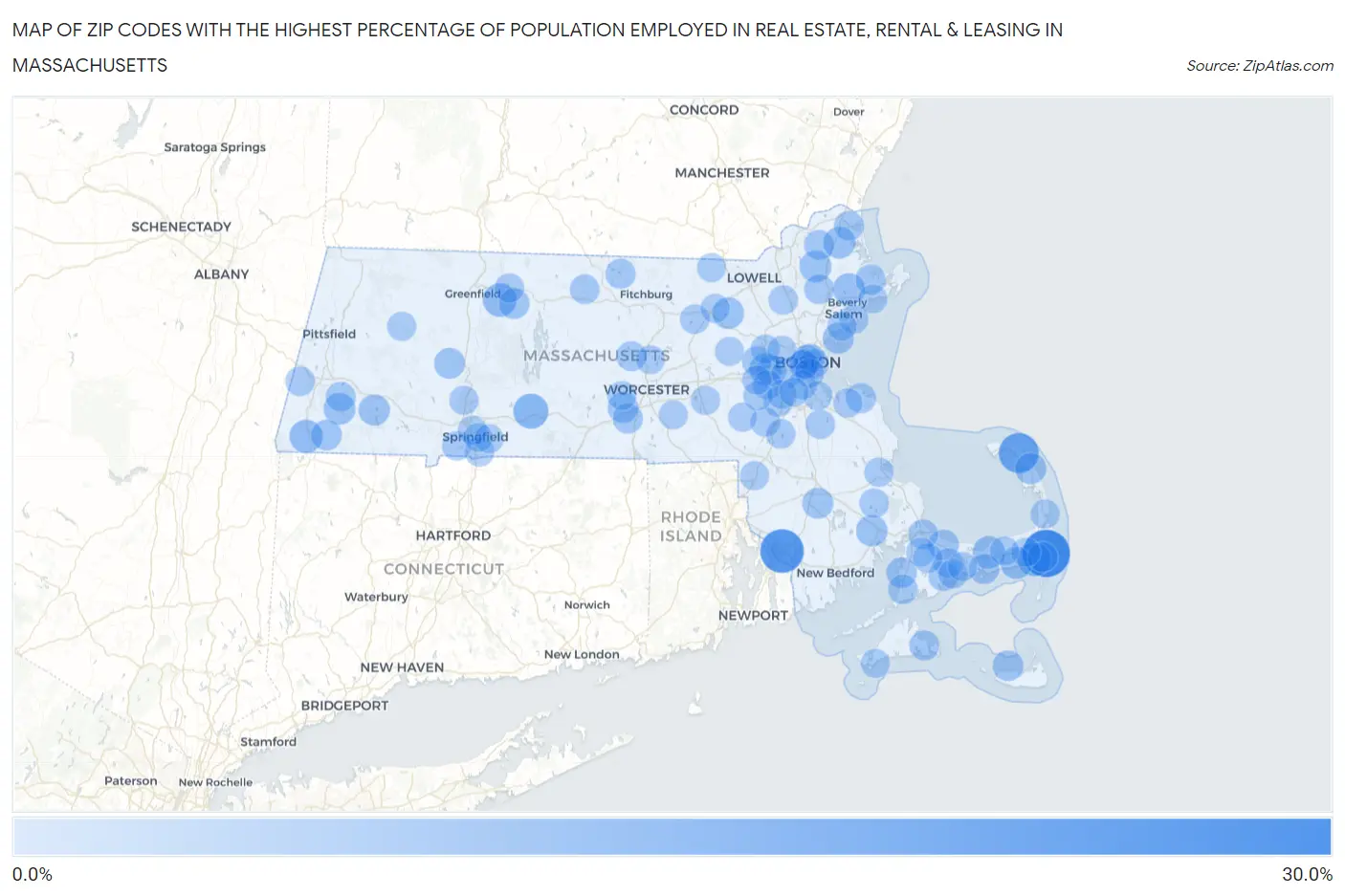 Zip Codes with the Highest Percentage of Population Employed in Real Estate, Rental & Leasing in Massachusetts Map