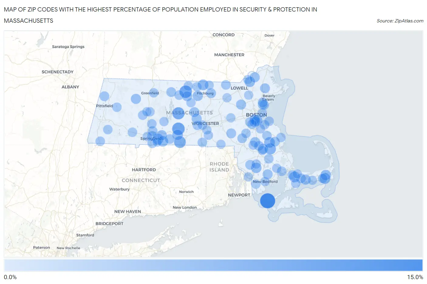 Zip Codes with the Highest Percentage of Population Employed in Security & Protection in Massachusetts Map