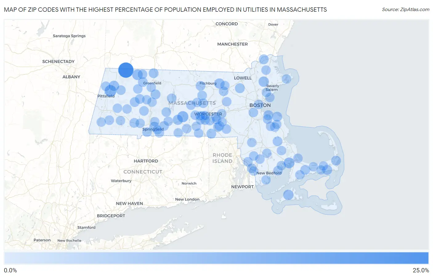 Zip Codes with the Highest Percentage of Population Employed in Utilities in Massachusetts Map