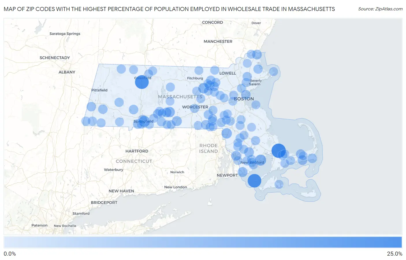 Zip Codes with the Highest Percentage of Population Employed in Wholesale Trade in Massachusetts Map