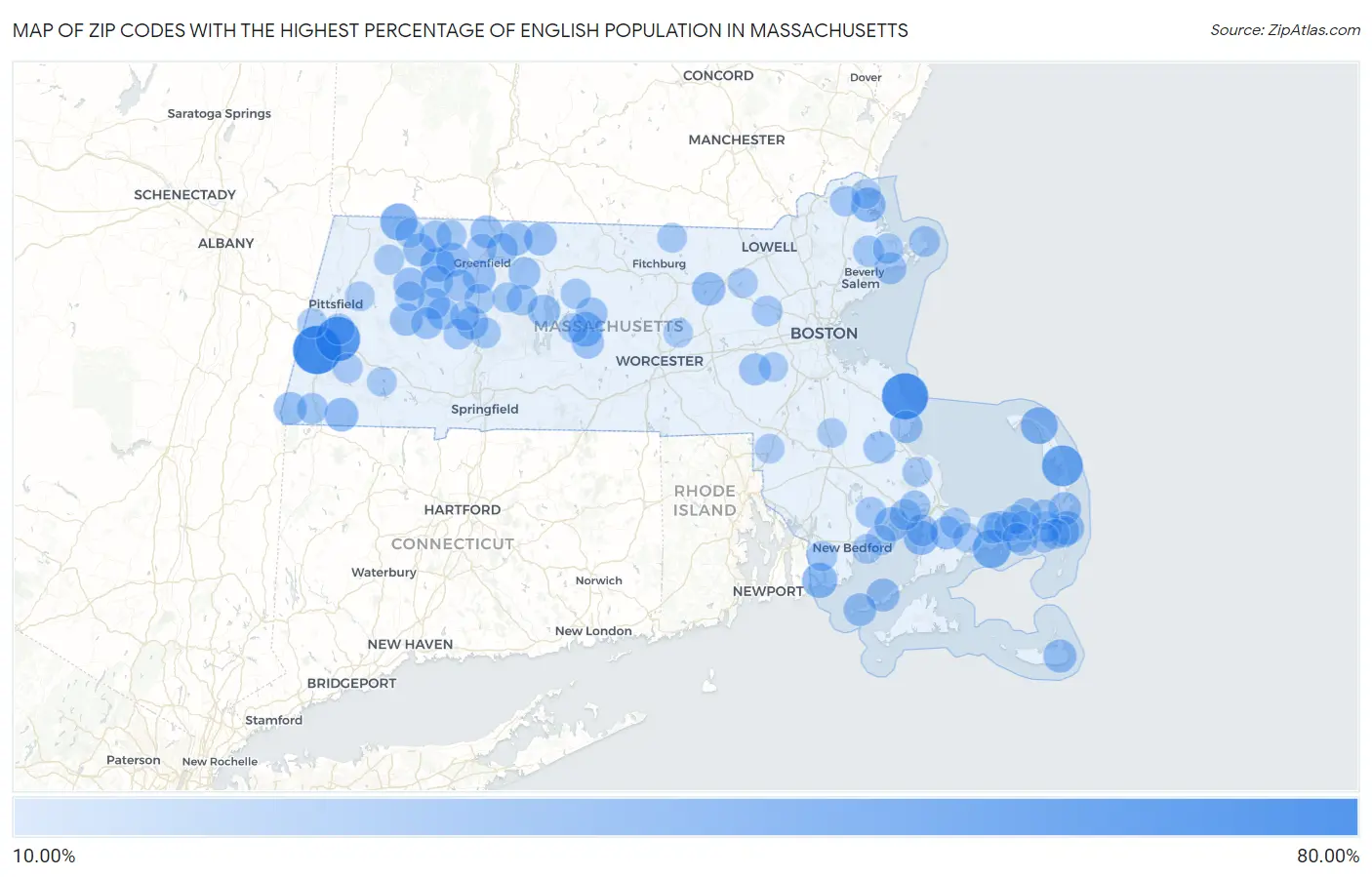 Zip Codes with the Highest Percentage of English Population in Massachusetts Map