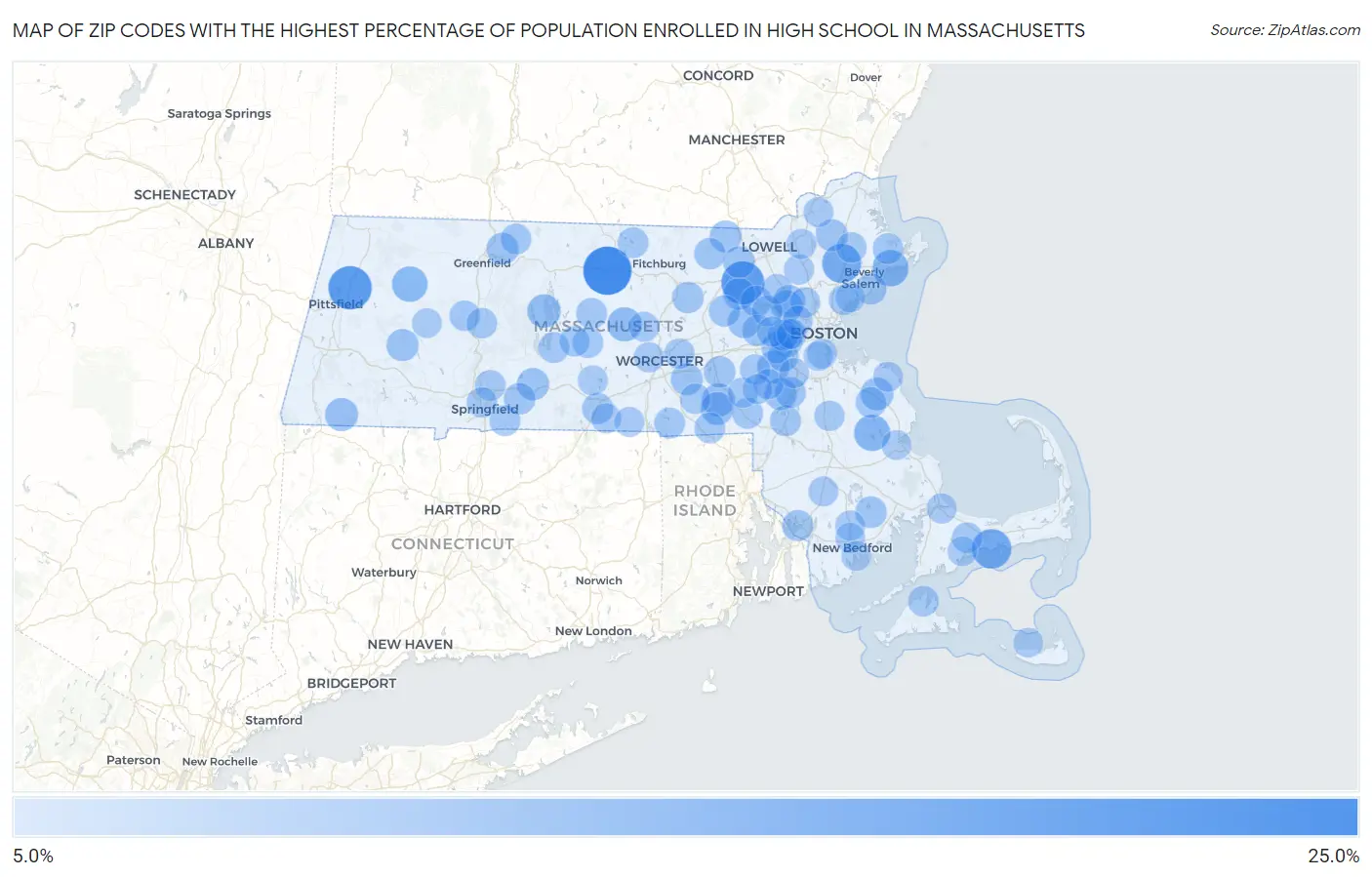 Zip Codes with the Highest Percentage of Population Enrolled in High School in Massachusetts Map
