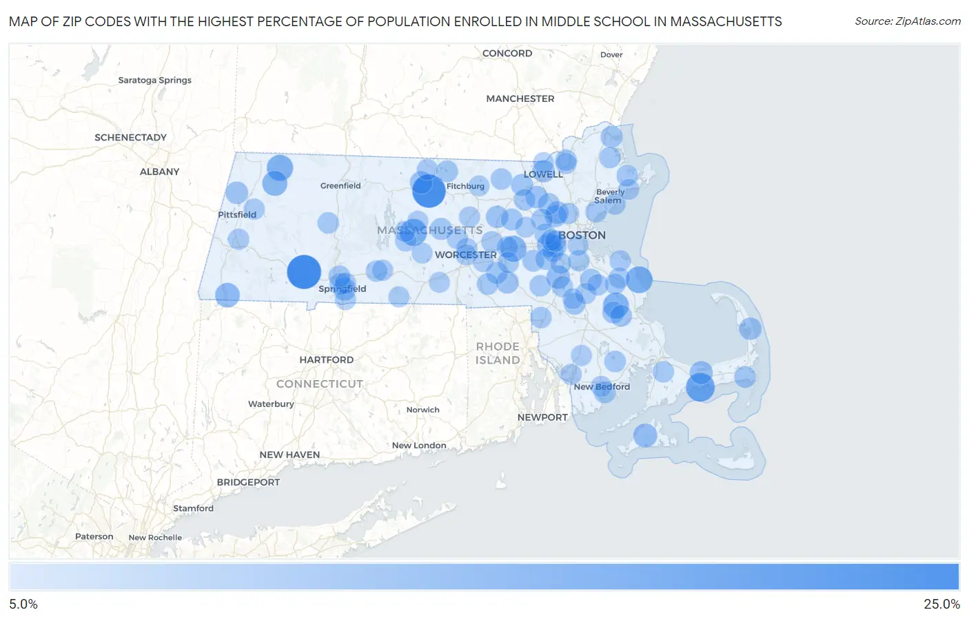 Zip Codes with the Highest Percentage of Population Enrolled in Middle School in Massachusetts Map