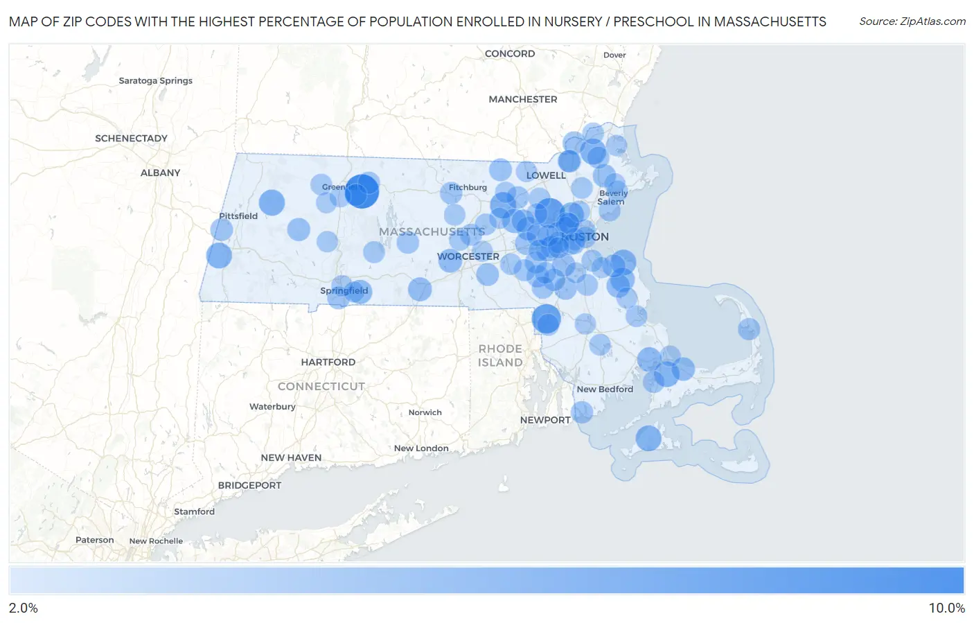 Zip Codes with the Highest Percentage of Population Enrolled in Nursery / Preschool in Massachusetts Map