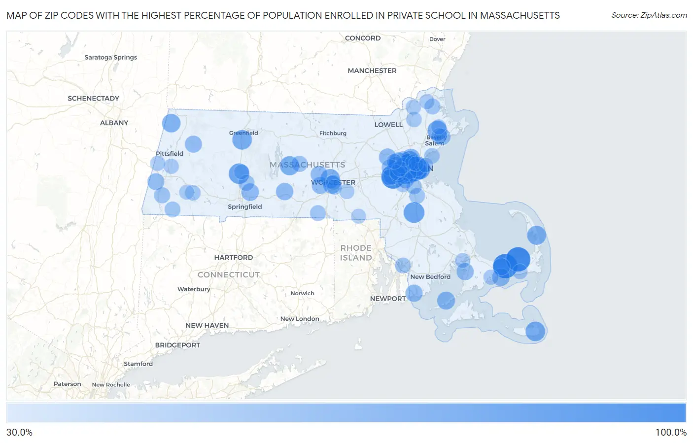 Zip Codes with the Highest Percentage of Population Enrolled in Private School in Massachusetts Map