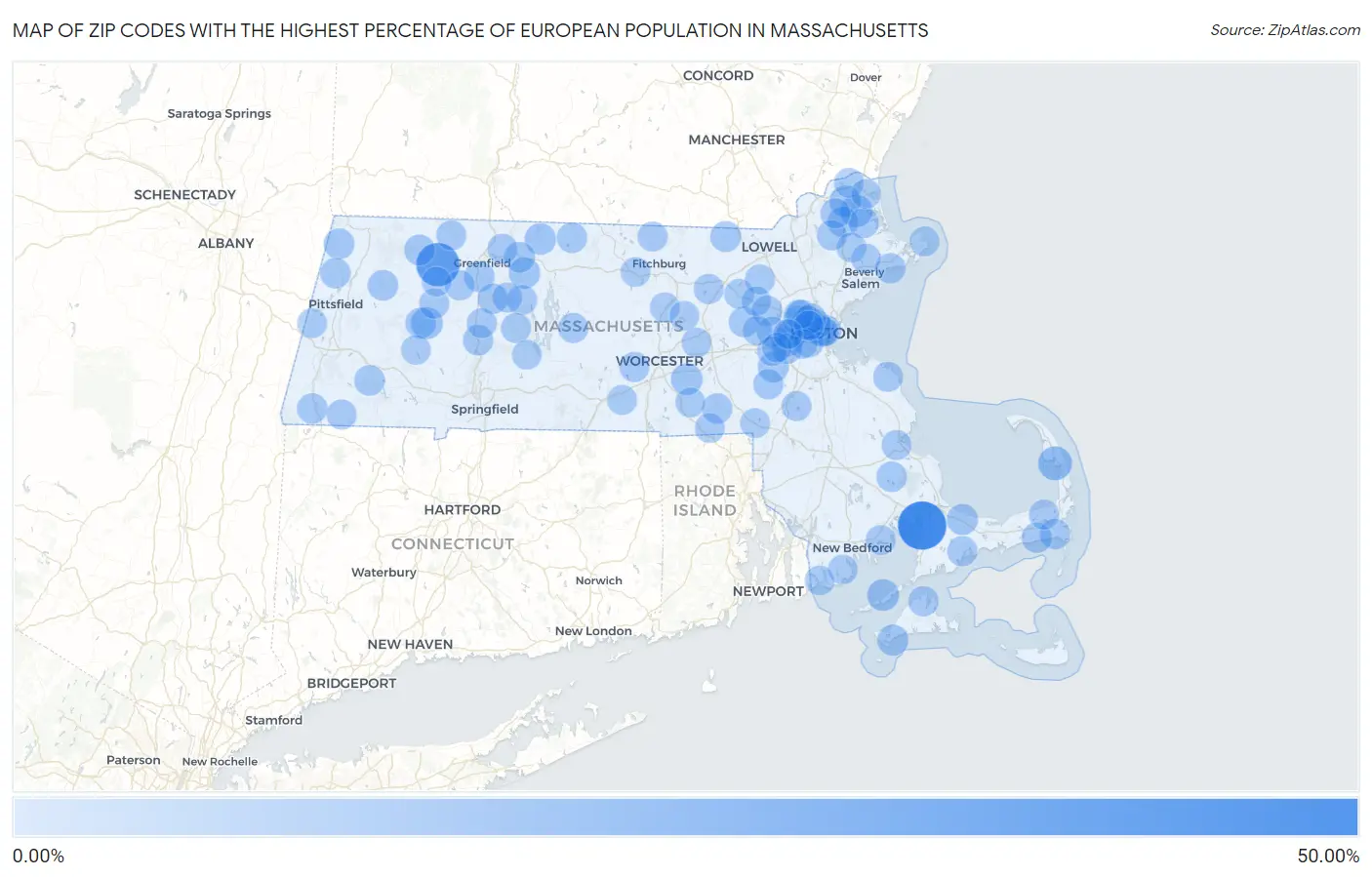 Zip Codes with the Highest Percentage of European Population in Massachusetts Map