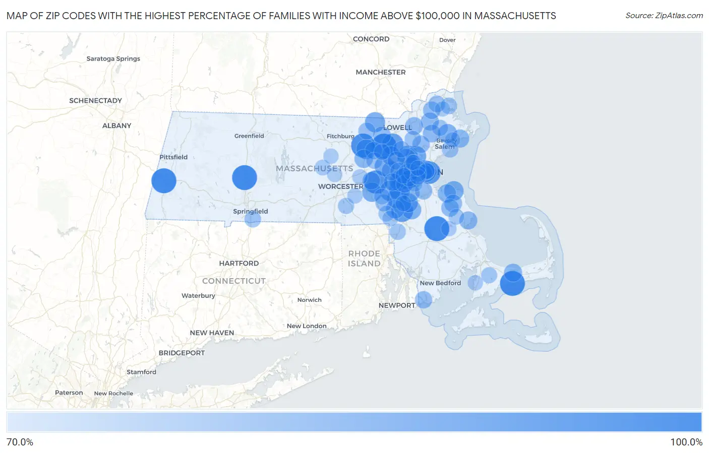 Zip Codes with the Highest Percentage of Families with Income Above $100,000 in Massachusetts Map