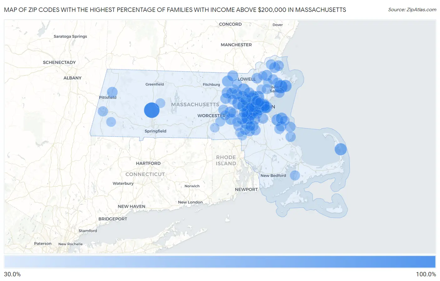 Zip Codes with the Highest Percentage of Families with Income Above $200,000 in Massachusetts Map
