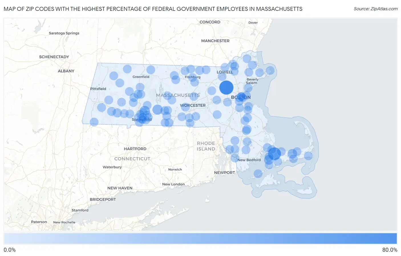 Zip Codes with the Highest Percentage of Federal Government Employees in Massachusetts Map