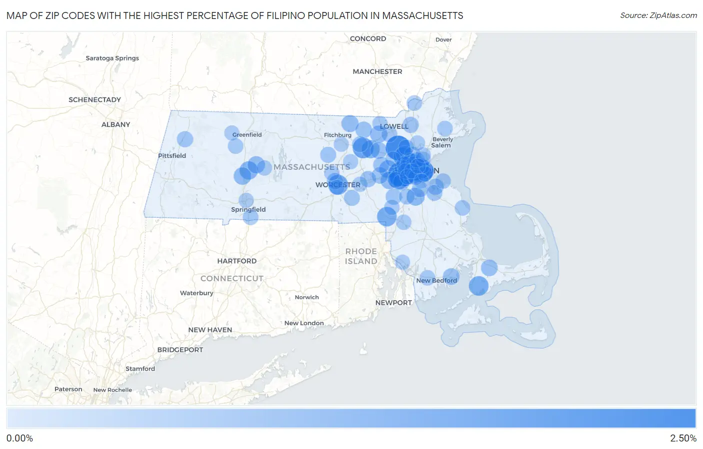 Zip Codes with the Highest Percentage of Filipino Population in Massachusetts Map