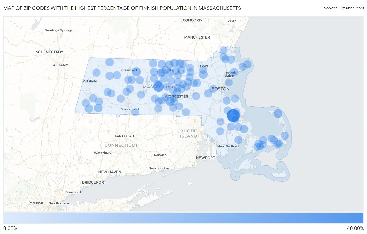 Zip Codes with the Highest Percentage of Finnish Population in Massachusetts Map