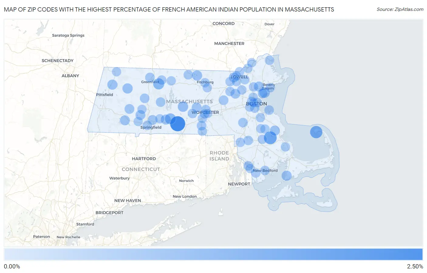 Zip Codes with the Highest Percentage of French American Indian Population in Massachusetts Map