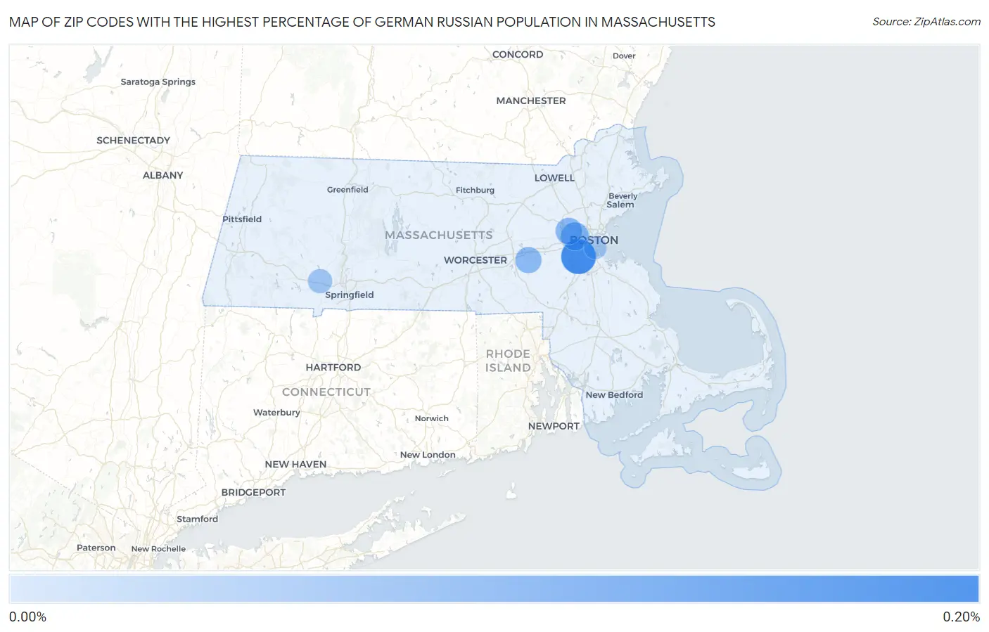 Zip Codes with the Highest Percentage of German Russian Population in Massachusetts Map