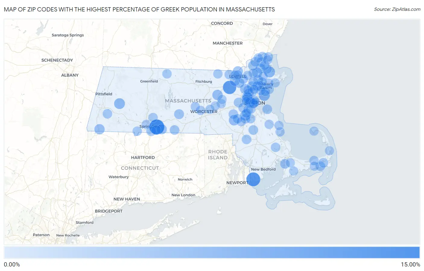 Zip Codes with the Highest Percentage of Greek Population in Massachusetts Map