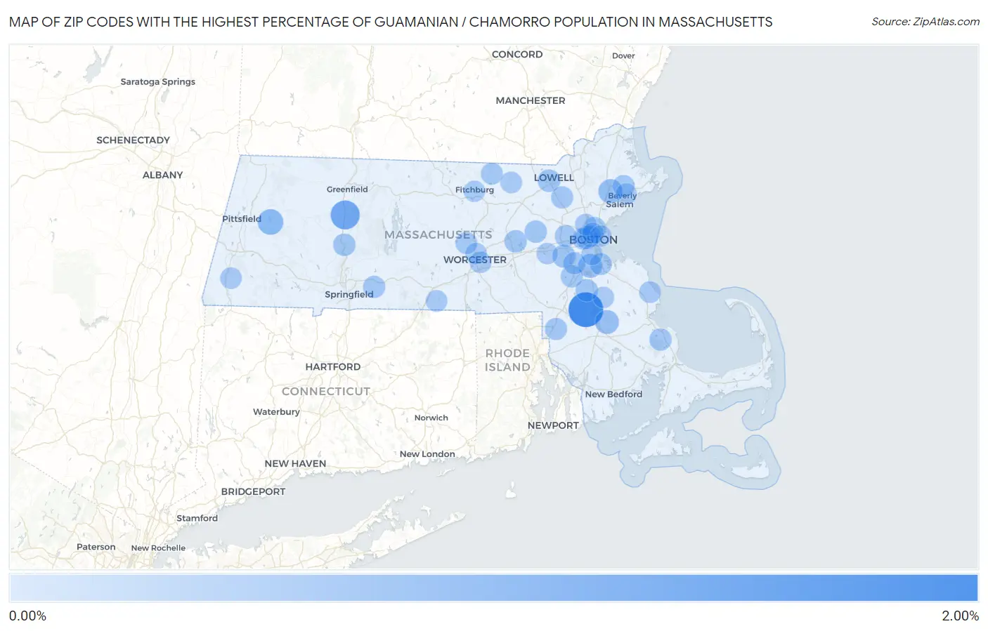Zip Codes with the Highest Percentage of Guamanian / Chamorro Population in Massachusetts Map