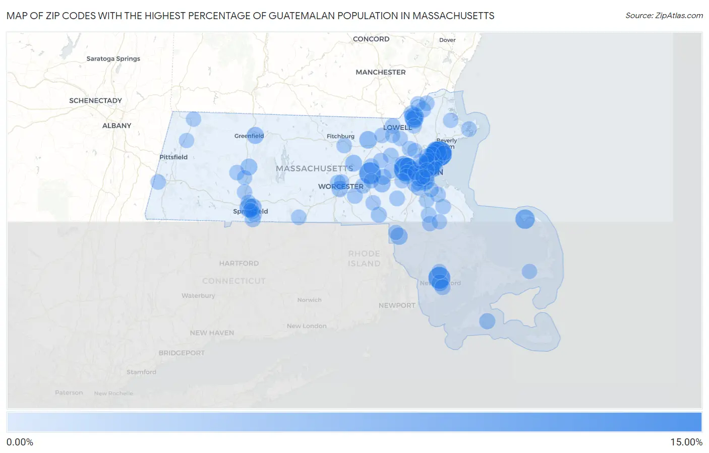 Zip Codes with the Highest Percentage of Guatemalan Population in Massachusetts Map