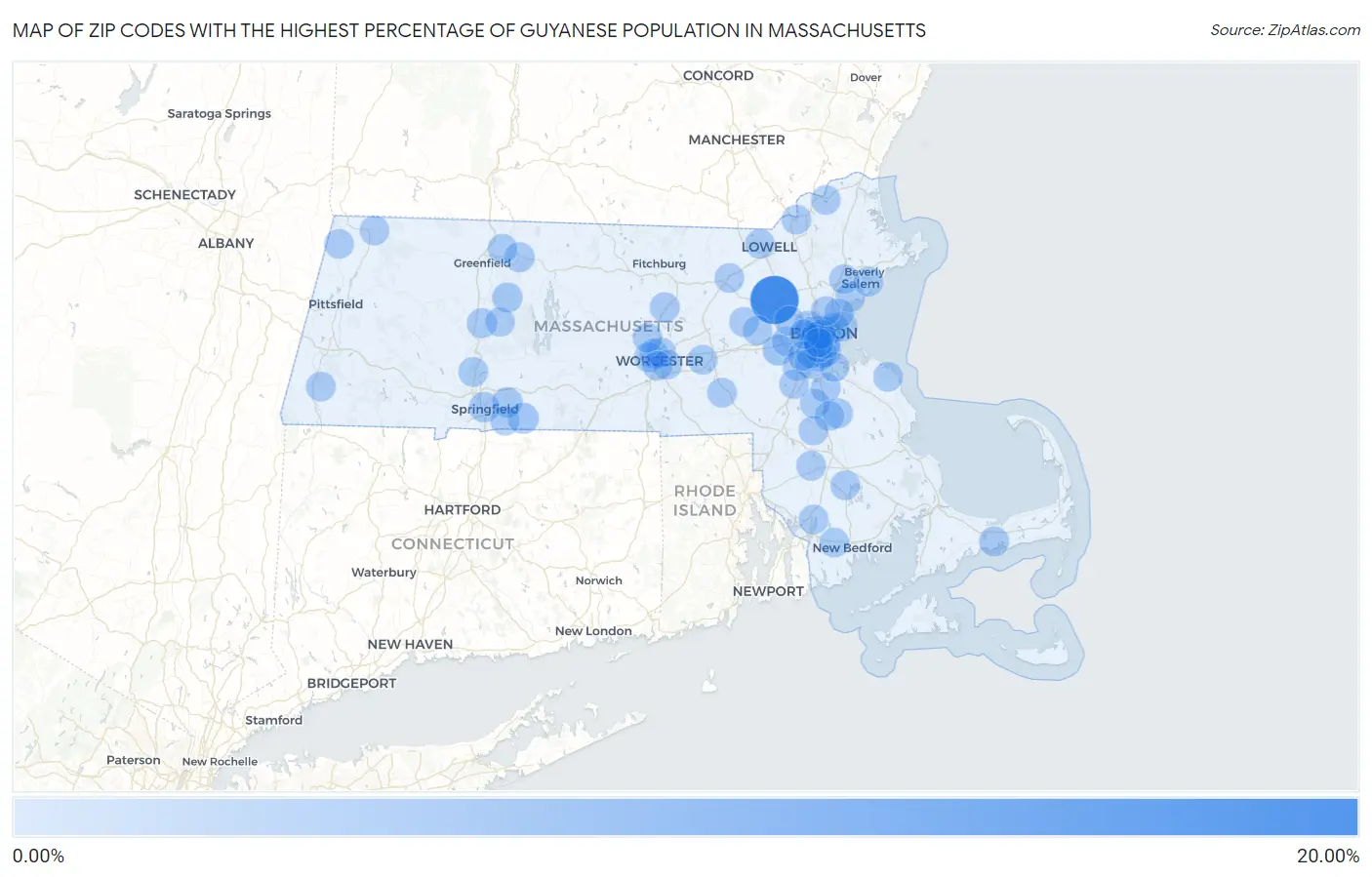 Zip Codes with the Highest Percentage of Guyanese Population in Massachusetts Map