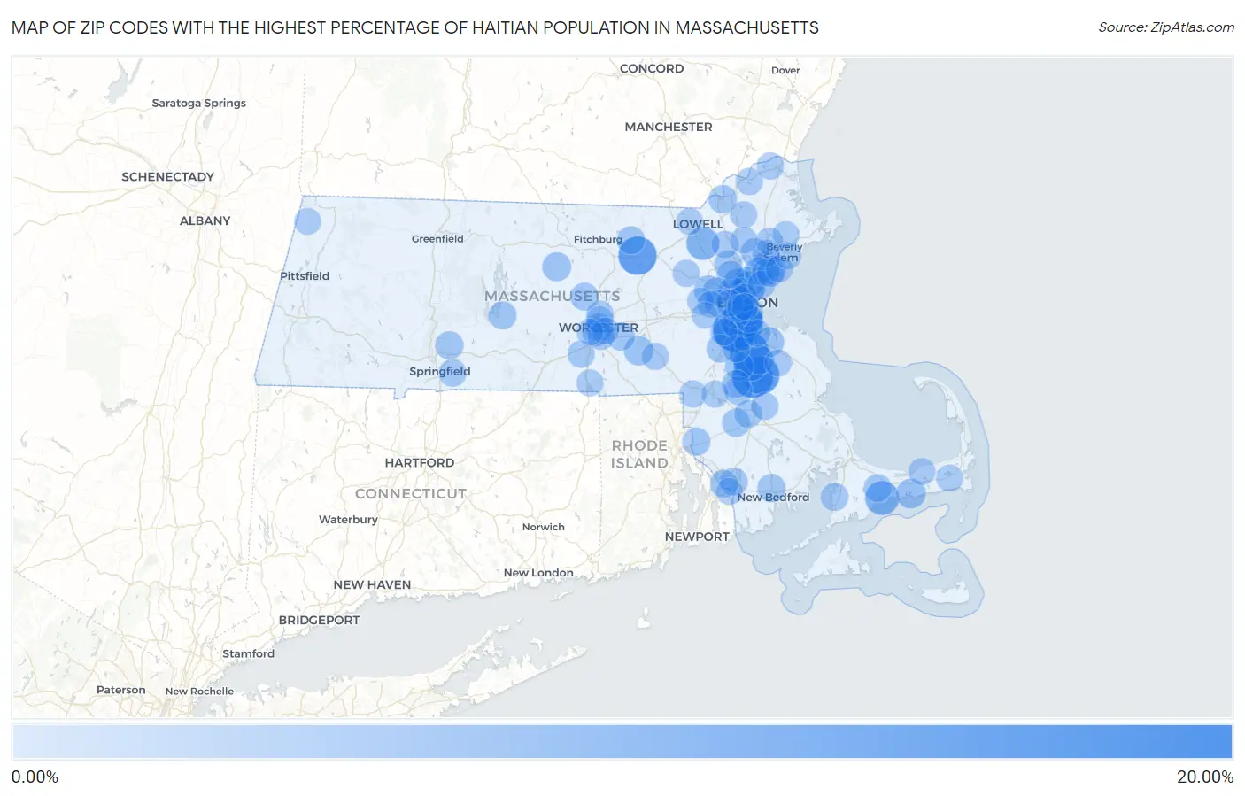 Zip Codes with the Highest Percentage of Haitian Population in Massachusetts Map