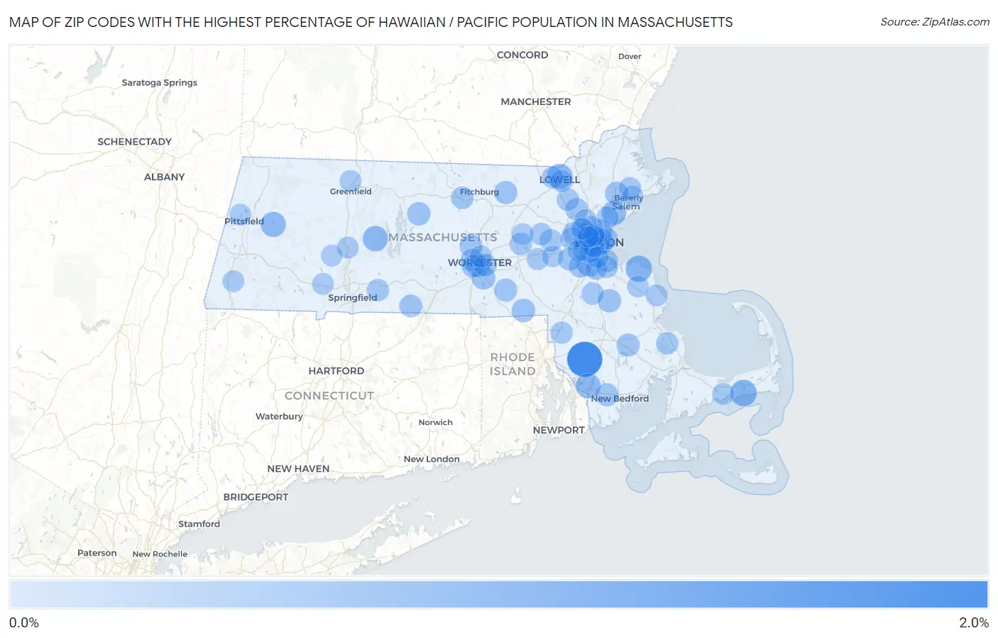 Zip Codes with the Highest Percentage of Hawaiian / Pacific Population in Massachusetts Map