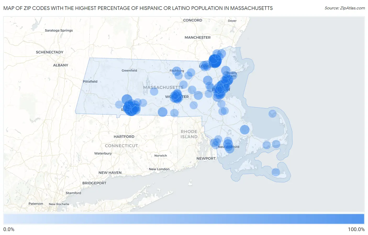 Zip Codes with the Highest Percentage of Hispanic or Latino Population in Massachusetts Map