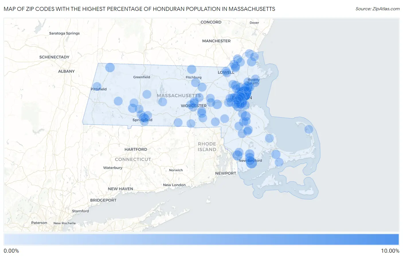 Zip Codes with the Highest Percentage of Honduran Population in Massachusetts Map