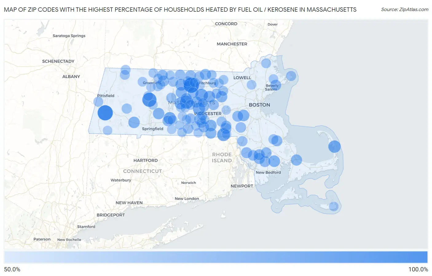Zip Codes with the Highest Percentage of Households Heated by Fuel Oil / Kerosene in Massachusetts Map